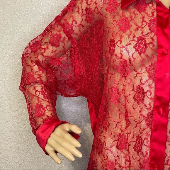 Vintage Victoria’s Secret Gold Label Lace  Front Button Up Sleep Shirt Red Large - Picture 5 of 12